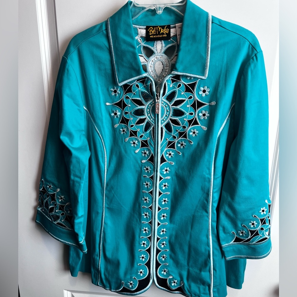 Bob Mackie Wearable Art Cutout Embroidered Turquoise Zipper Cotton Jacket